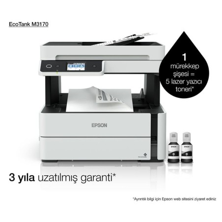 Impresora epson ecotank mono m3170, 4 en 1, a4, 39 ppm, usb, ethernet, wi-fi (directo), duplex, adf