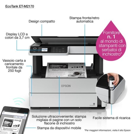 Impresora epson ecotank mono tinta m2170, 3 en 1, a4, 39 ppm, usb, ethernet, wi-fi (directo), duplex, lcd