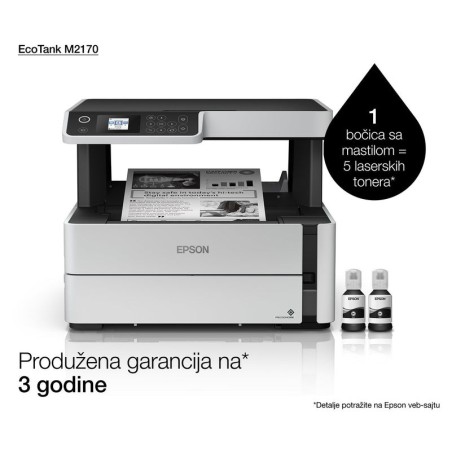 Impresora epson ecotank mono tinta m2170, 3 en 1, a4, 39 ppm, usb, ethernet, wi-fi (directo), duplex, lcd