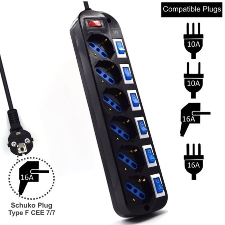 Regleta ewent 5 tomas shucko interruptor individual negro