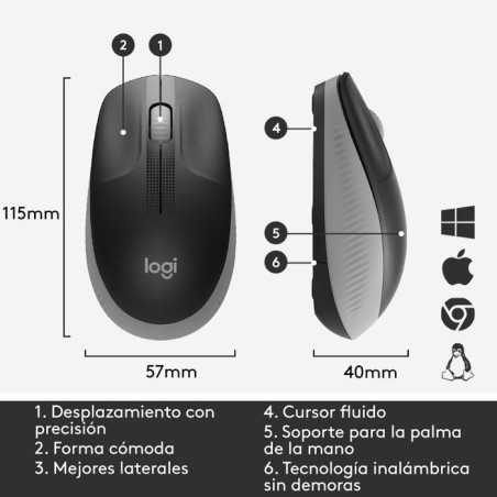 Logitech ratón inalámbrico m190 gris medio 910-005906