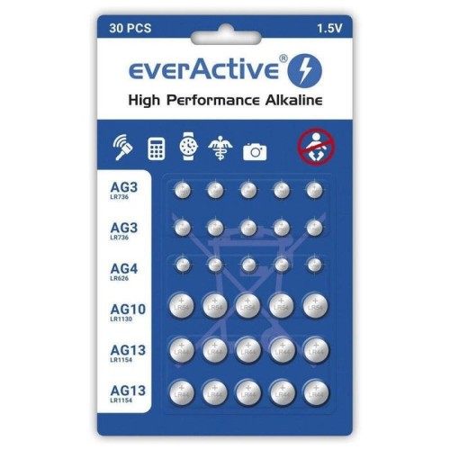 Juego de mini pilas alcalinas everactive 10 x g3 / lr41, 5 x g4 / lr626, 5 x g10 / lr1130, 10 x g13 / lr1154
