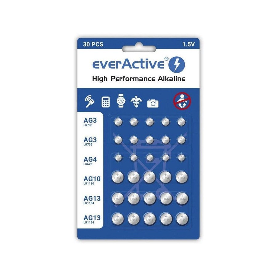 Juego de mini pilas alcalinas everactive 10 x g3 / lr41, 5 x g4 / lr626, 5 x g10 / lr1130, 10 x g13 / lr1154
